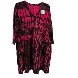 Ulla Popken Red Black Tie Dye  VNeck Tunic Dress Size 20/22 Cotton Casual NWT